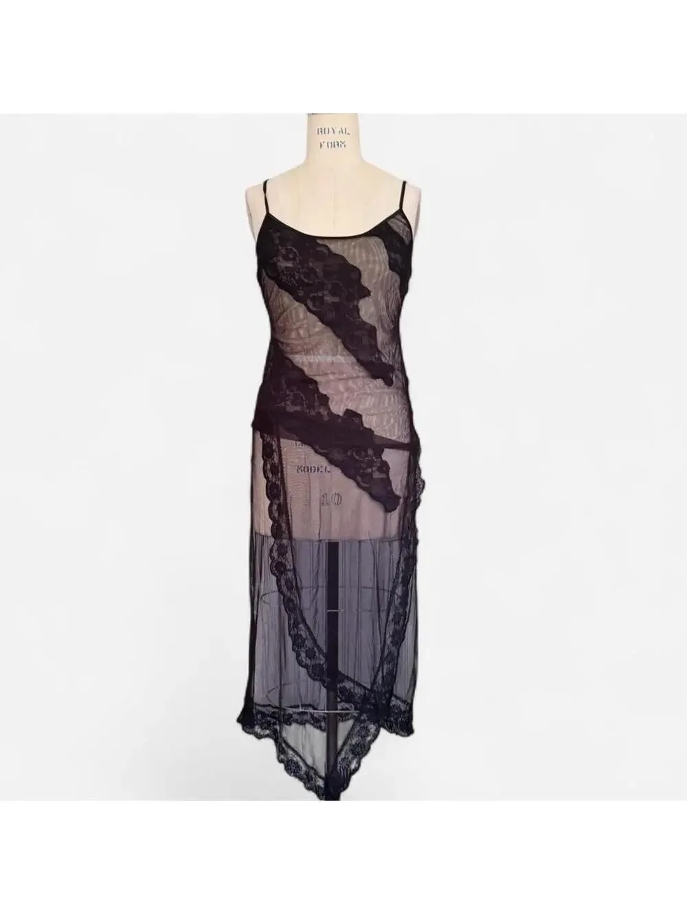 Frederick's of Hollywood Y2K Sheer Black Mesh Lace Slip Dress in Black